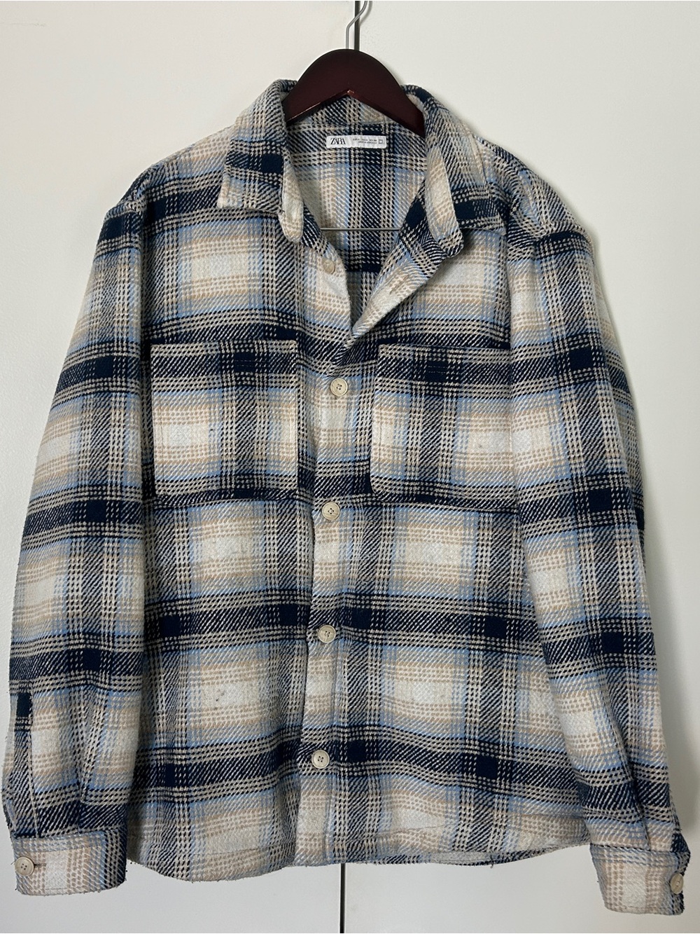 Zara Austria - Navy, Cream & Tan Plaid Button-Up Shacket